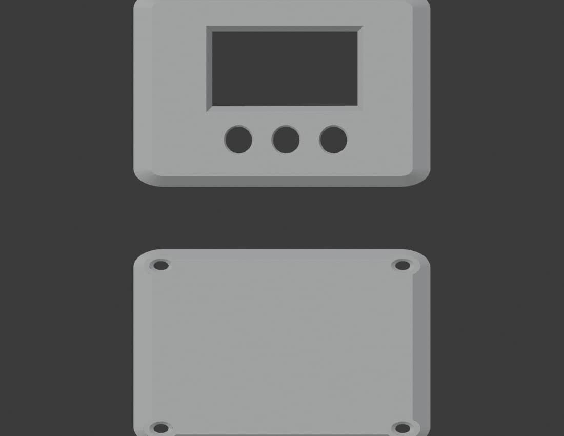 CAD view of the two-part C7 child enclosure with rectangular screen and three button openings