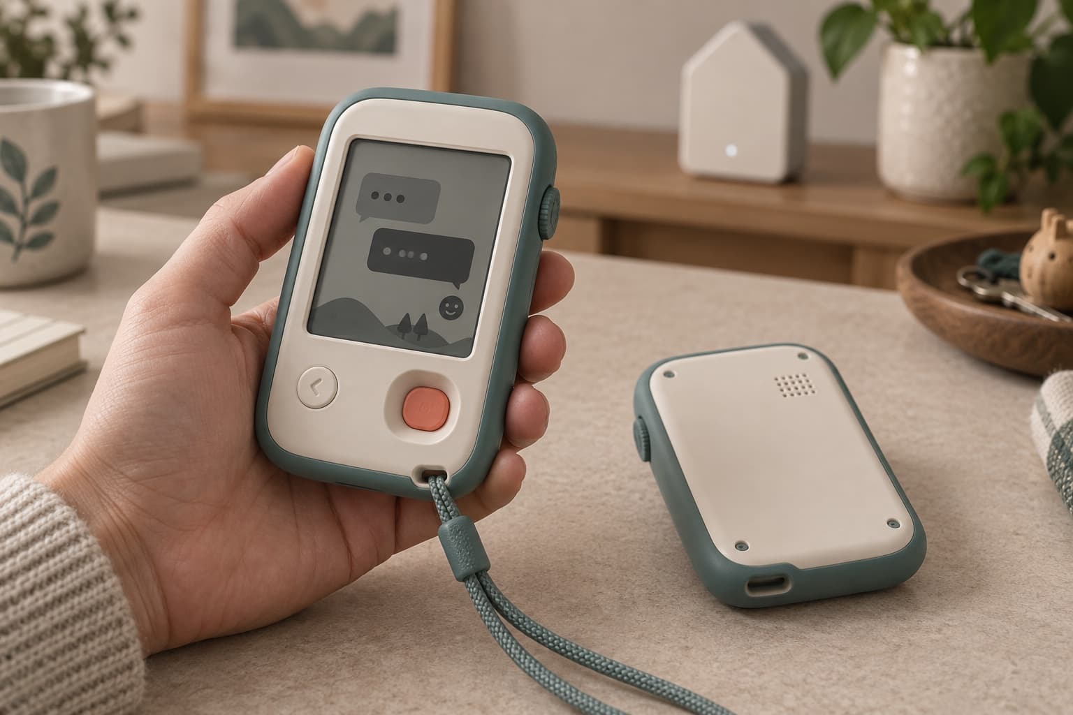 Future design concept: a sage and ivory handheld communicator in a warm family kitchen